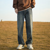 Men Jeans Retro Washed Straight Jeans Spring Loose Wide Leg Casual Pants for Boys